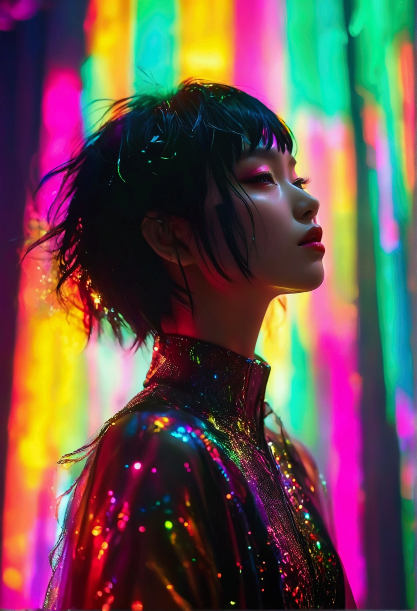 A charismatic anime style East-Asian female pop idol performs on stage in a vividly lit dark setting, looking magnetic and mysterious. She stands proudly with her sleek black hair and attire, subtly adorned with rainbow accents. Bathed in a wash of cool neon lights, the scene generates an aura of intrigue and adrenaline. Her vibrant energy radiates through her playful pose. Motion blur encapsulates her dynamic movements while the theatrical shadows from the stage lights intensify the atmosphere. An alluring mix of darkness and neon, lush greens and swirling rainbow highlights bring to life her stage presence, creating an image of enigmatic beauty.
