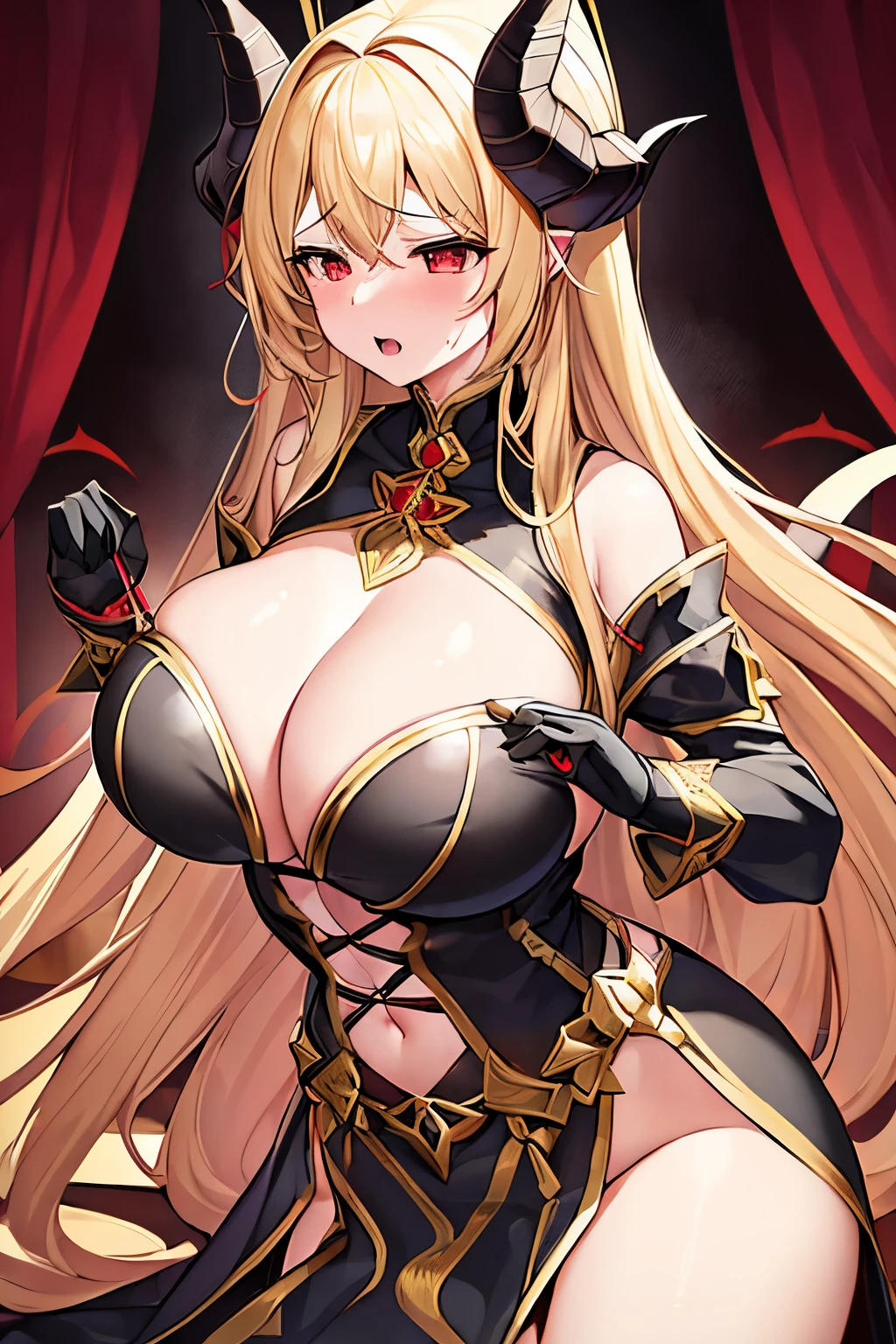 1 girl、Golden long hair、Fantasy、goddess、Black clothing、Gold decoration、Aggressive design、Bigger breasts、Expose、Shameless、Provocative、Fan、Lust、((Expression of agony))、sexual excitement、Red Eyeake a Deal with the Devil)、Devil horns