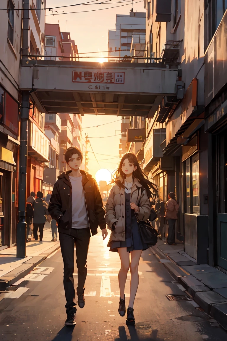 (absurd, very detailed, realistic, ), ,Taking a walk on a busy city street with your hair blown and watching the sunset, Ultra-detailed, best quality, detailed diagram, 8k, graphic design, full hd, Feels like I&#39;m walking from far away, background only, city streets, (background only 그려줘),( The character is a baby character),(petite)