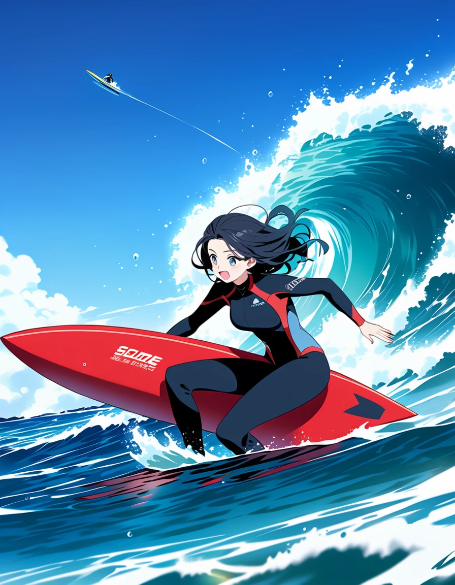 score_9、score_8_top、score_7_top、score_6_top、score_5_top、score_4_top、surfer、Young and beautiful woman、Stylish wetsuits、Stand on a surfboard and balance while riding a big wave、Passing through the wave pipeline、