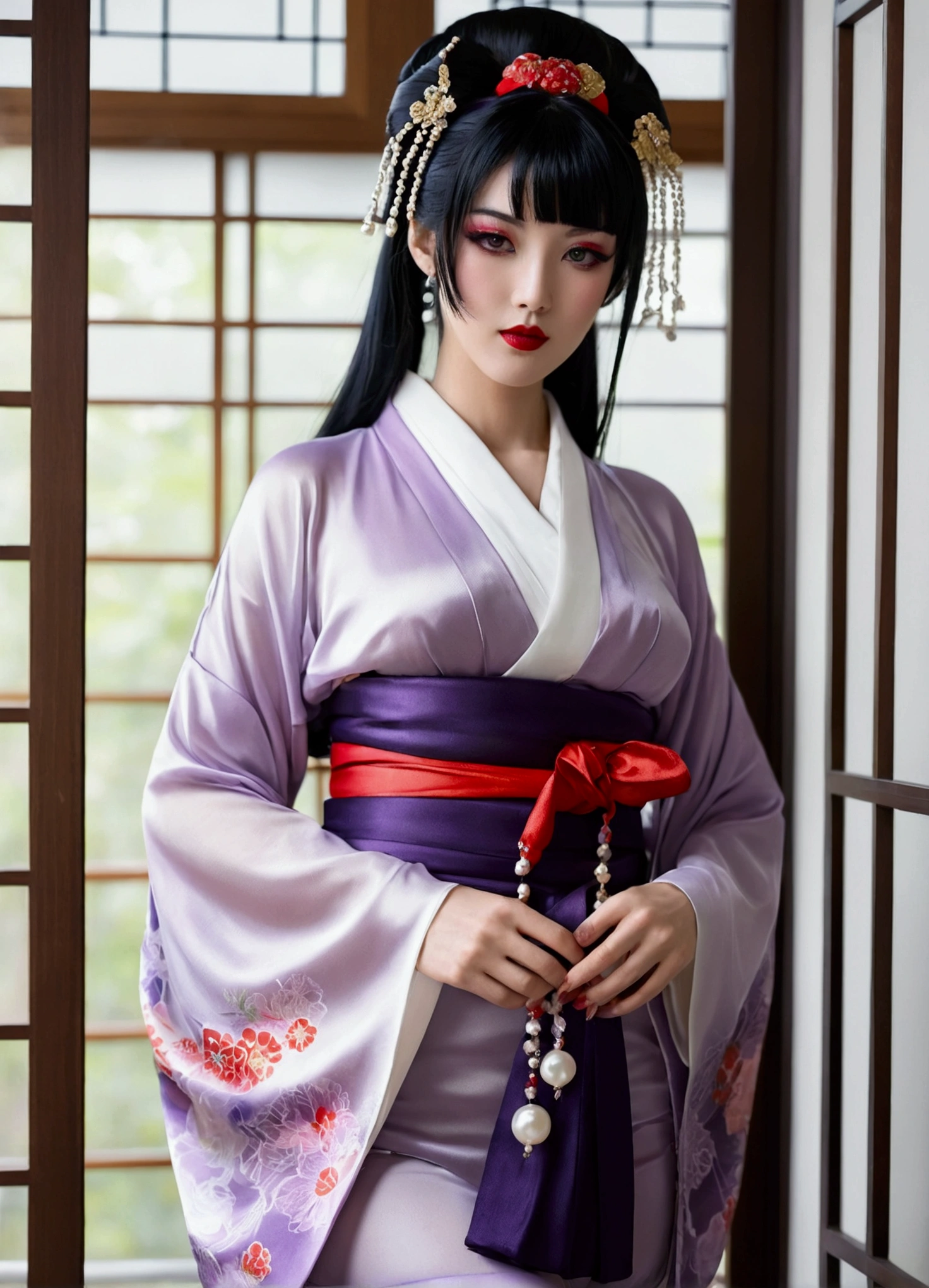 1 girl, alone, looking at the viewer,, black hair, hair ornaments,, kimono, kimono, sash, compensate, gloss lipstick,, red lips,  ,silk stockings ,See-through hakama， dark purple eyes　，No pattern，　,Open Crotch See-Through, Black face veil , black nylon , silk stockings ,See-through hakama、　,sheer ,enamel high  heels, pearl necklace, straight, long hair , hair ornaments