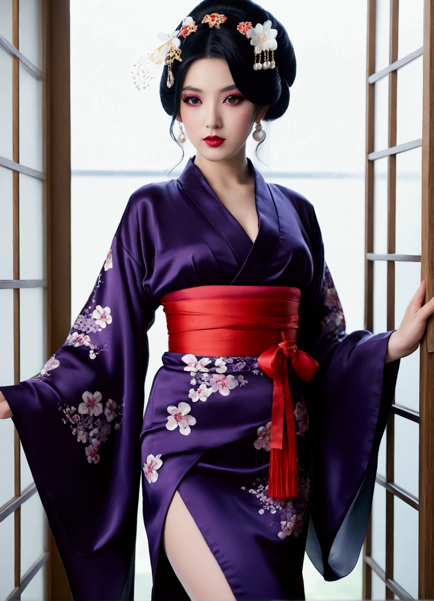 1 girl, alone, looking at the viewer,, black hair, hair ornaments,, kimono, kimono, sash, compensate, gloss lipstick,, red lips,  ,silk stockings ,See-through hakama， dark purple eyes　，No pattern，　,Open Crotch See-Through, Black face veil , black nylon , silk stockings ,See-through hakama、　,sheer ,enamel high  heels, pearl necklace, straight, long hair , hair ornaments