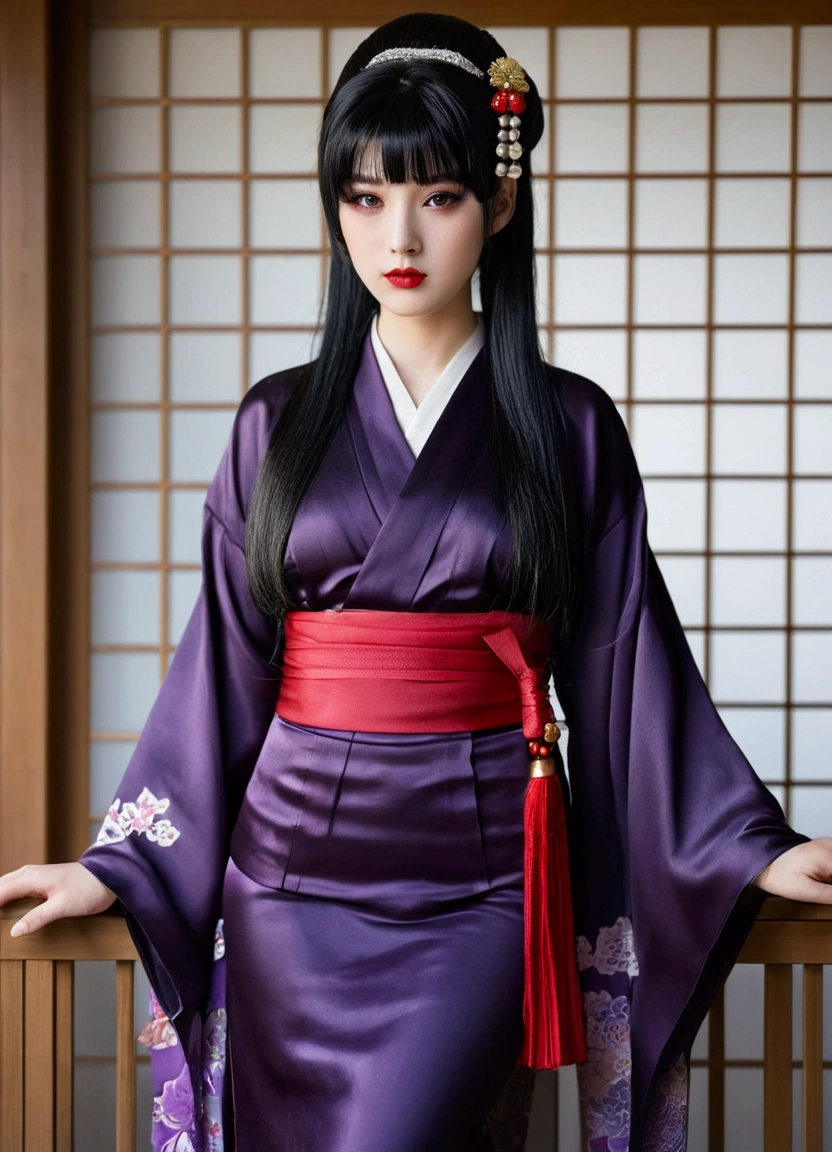 1 girl, alone, looking at the viewer,, black hair, hair ornaments,, kimono, kimono, sash, compensate, gloss lipstick,, red lips,  ,silk stockings ,See-through hakama， dark purple eyes　，No pattern，　,Open Crotch See-Through, Black face veil , black nylon , silk stockings ,See-through hakama、　,sheer ,enamel high  heels, pearl necklace, straight, long hair , hair ornaments