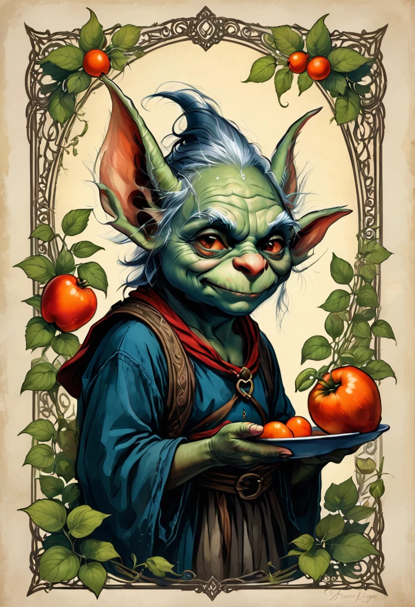 Occult Goblin Market, a grumpy old goblin sells questionable produce, shady goods, all sorts of colors, textures and smells, stinking magical tapestry, threads of goblin magic and understanding,