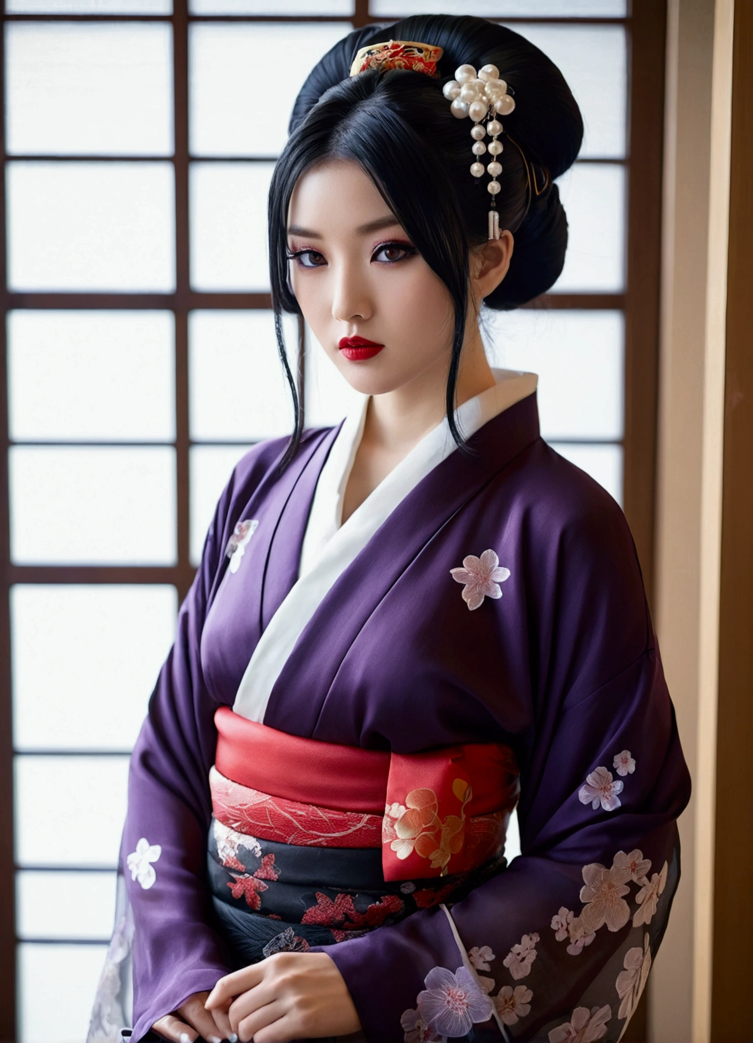 1 girl, alone, looking at the viewer,, black hair, hair ornaments,, kimono, kimono, sash, compensate, gloss lipstick,, red lips, ,silk stockings ,See-through hakama, dark purple eyes ,No pattern, , See-Through black kimono, Black face veil , black nylon , silk stockings ,See-through hakama、 ,sheer ,enamel high heels, pearl necklace, straight, long hair , hair ornaments