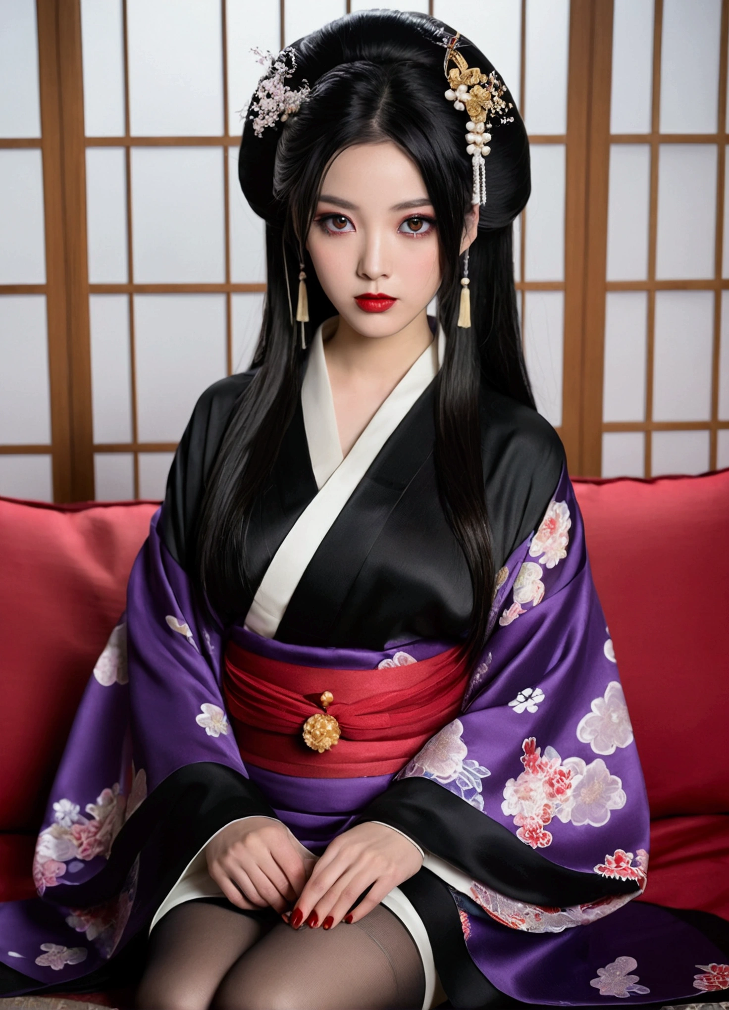1 girl, alone, looking at the viewer,, black hair, hair ornaments,, kimono, kimono, sash, compensate, gloss lipstick,, red lips, ,silk stockings ,See-through hakama, dark purple eyes ,No pattern, , See-Through black kimono, Black face veil , black nylon , silk stockings ,See-through hakama、 ,sheer ,enamel high heels, pearl necklace, straight, long hair , hair ornaments