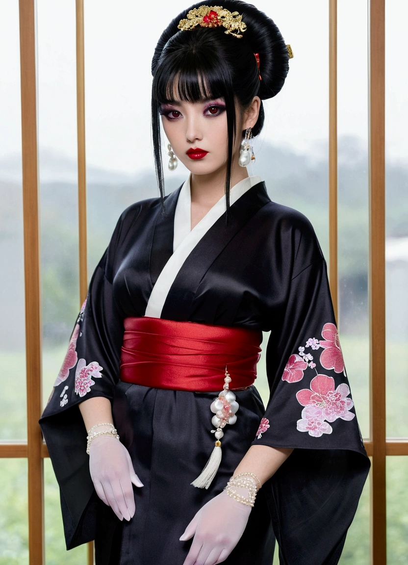 1 girl, alone, looking at the viewer,, black hair, hair ornaments,, kimono, kimono, sash, compensate, gloss lipstick,, red lips, ,silk stockings ,See-through hakama, dark purple eyes ,No pattern, , See-Through black kimono, Black face veil , black nylon , silk stockings ,See-through hakama、 ,sheer ,enamel high heels, pearl necklace, straight, long hair , hair ornaments