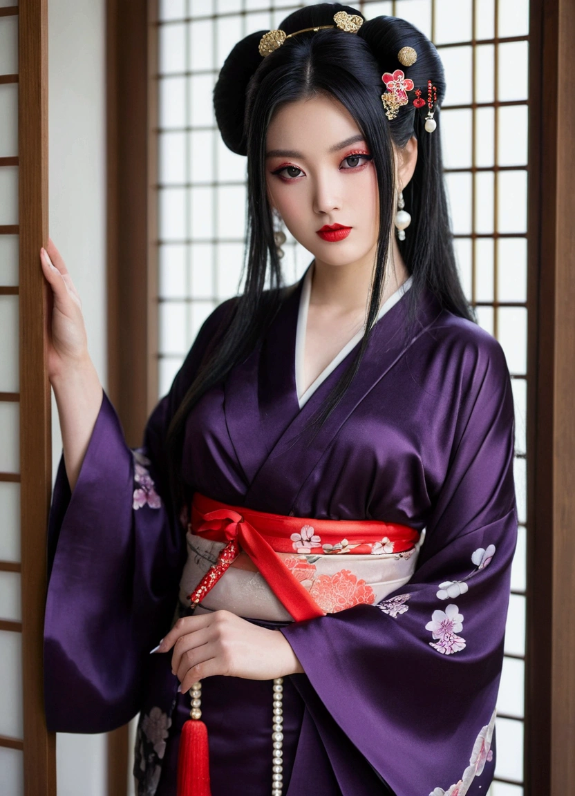 1 girl, alone, looking at the viewer,, black hair, hair ornaments,, kimono, kimono, sash, compensate, gloss lipstick,, red lips,  ,silk stockings ,See-through hakama， dark purple eyes　，No pattern，　,　See-Through black kimono, Black face veil , black nylon , silk stockings ,See-through hakama、　,sheer ,enamel high  heels, pearl necklace, straight, long hair , hair ornaments