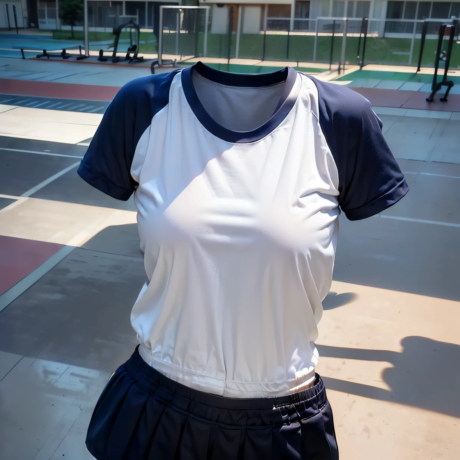 high school girl、(((White short-sleeved T-shirt on the upper body)))、((Long white gym clothes))、(((Very tight bloomerid rise bloomers)))、(((Navy Bloomers)))、(((Tuck the bottom of your gym clothes into your bloomers)))、Big Breasts、(((Schoolyard)))、(((upright)))