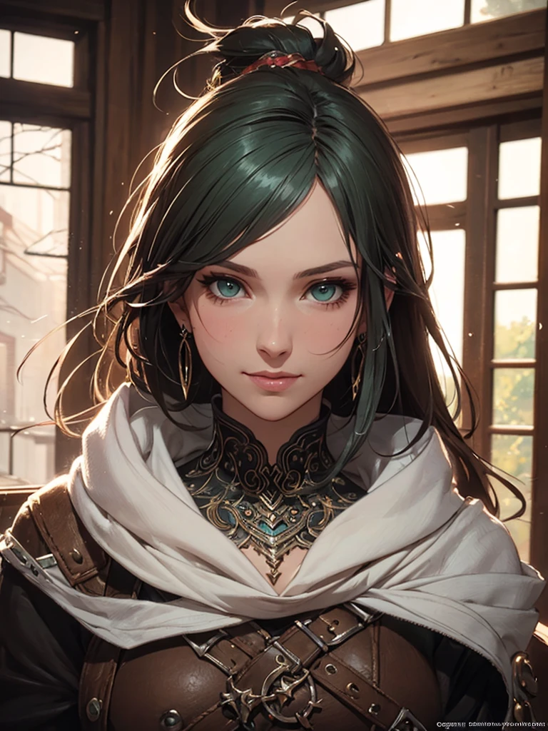 (by Greg Rutkowski: 1.2), (masterpiece), ((best quality)), extremely delicate and beautiful, illustration, highly detailed face and body. Ashe from final fantasy XII, fantasy world, green eyes, ashen hair color, long hair, indoors, smiling, stud earrings, Heavy clothing, Very warm clothes, HD. elegance. photorealism. Unreal engine.  From Brian Froud and Carne Griffiths and Wadim Kashin and John William Waterhouse, 8K post-production, high resolution, hyperdetailed, depth of field, HDR, intricate