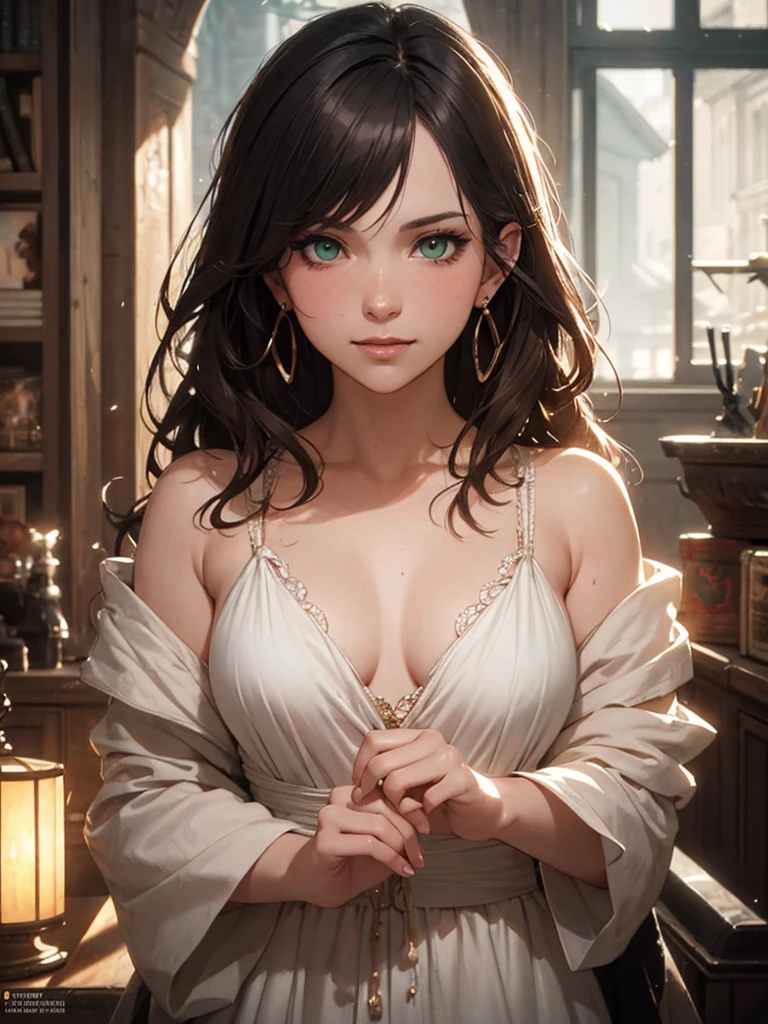 (by Greg Rutkowski: 1.2), (masterpiece), ((best quality)), extremely delicate and beautiful, illustration, highly detailed face and body. Ashe from final fantasy XII, fantasy world, green eyes, ashen hair color, long hair, indoors, smiling, stud earrings, Heavy clothing, Very warm clothes, HD. elegance. photorealism. Unreal engine. From Brian Froud and Carne Griffiths and Wadim Kashin and John William Waterhouse, 8K post-production, high resolution, hyperdetailed, depth of field, HDR, intricate