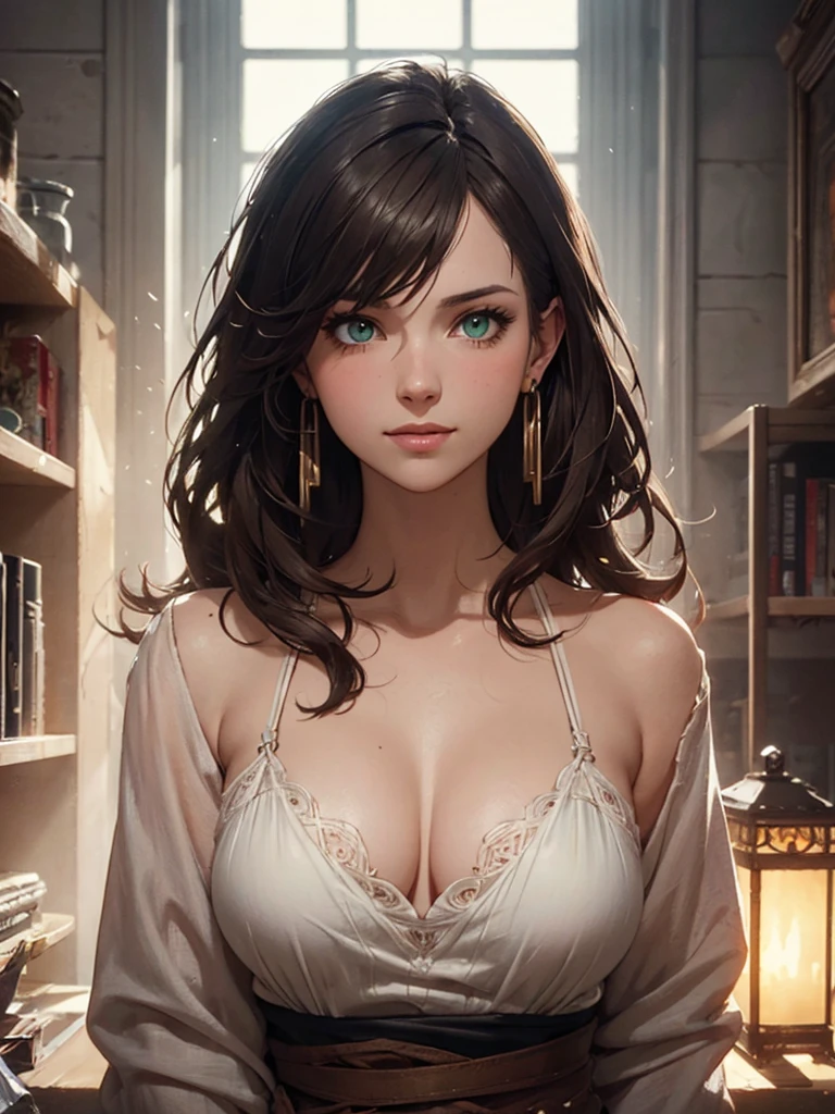 (by Greg Rutkowski: 1.2), (masterpiece), ((best quality)), extremely delicate and beautiful, illustration, highly detailed face and body. Ashe from final fantasy XII, fantasy world, green eyes, ashen hair color, long hair, indoors, smiling, stud earrings, Heavy clothing, Very warm clothes, HD. elegance. photorealism. Unreal engine. From Brian Froud and Carne Griffiths and Wadim Kashin and John William Waterhouse, 8K post-production, high resolution, hyperdetailed, depth of field, HDR, intricate