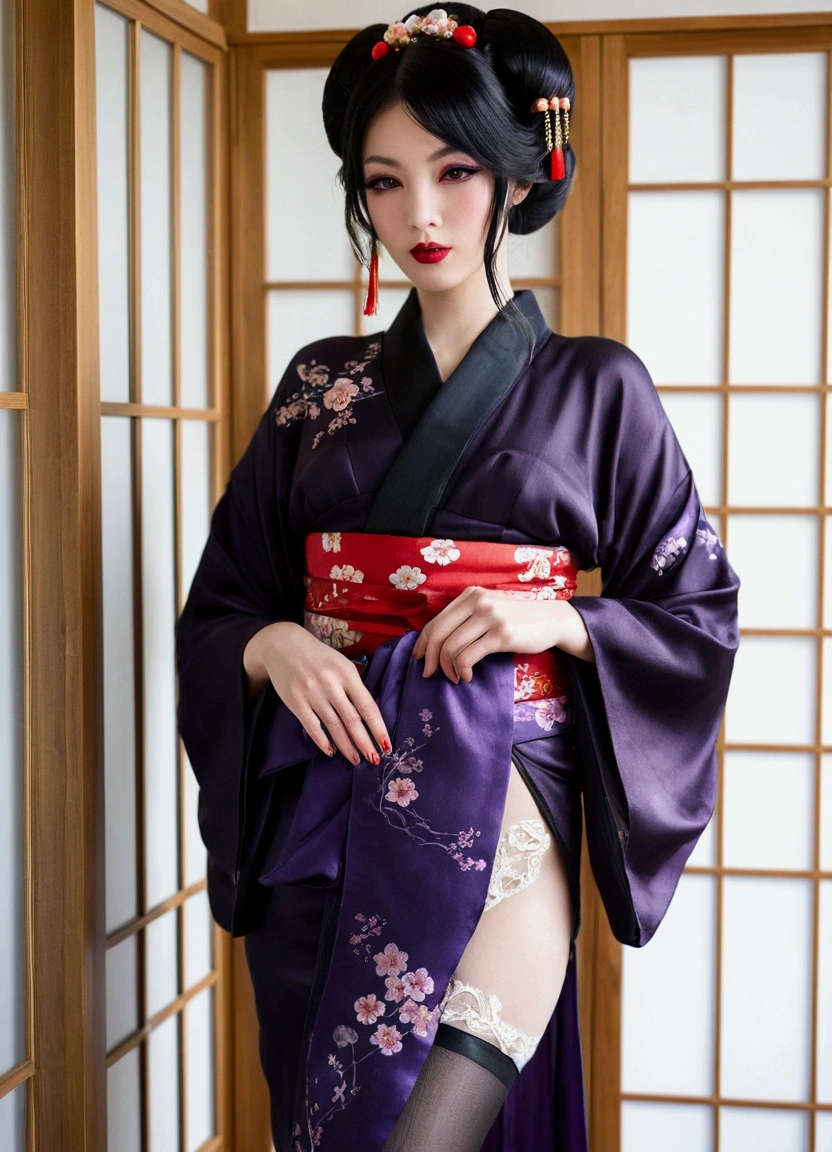 1 girl, alone, looking at the viewer,, black hair, hair ornaments,, kimono, kimono, sash, compensate, gloss lipstick,, red lips,  ,silk stockings ,See-through hakama， dark purple eyes　，No pattern，　,Open Crotch See-Through, Black face veil , black nylon , silk stockings ,See-through hakama、透けた黒い色のkimono　,sheer ,enamel high heels,　,sheer ,enamel high  heels, pearl necklace, straight, long hair , hair ornaments