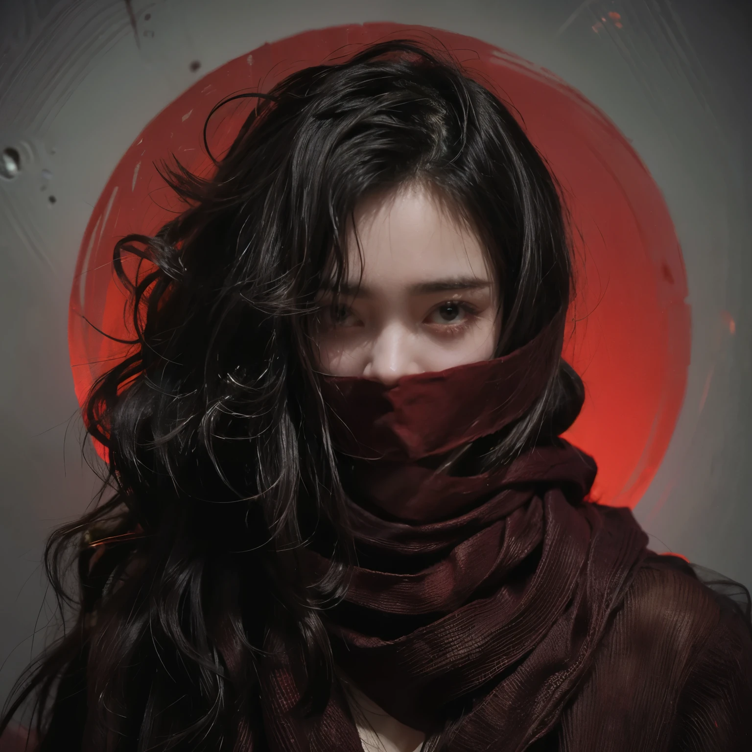 A captivating photograph of a man with cascading wavy dark hair, framing her intense, expressive eyes. She dons a striking red scarf or cloth wrapped around her head, leaving only her eyes visible. The muted gray and green background creates a sense of mystery, with a large red circle behind her intensifying her gaze. The overall atmosphere is enigmatic, evoking a sense of intrigue and allure.