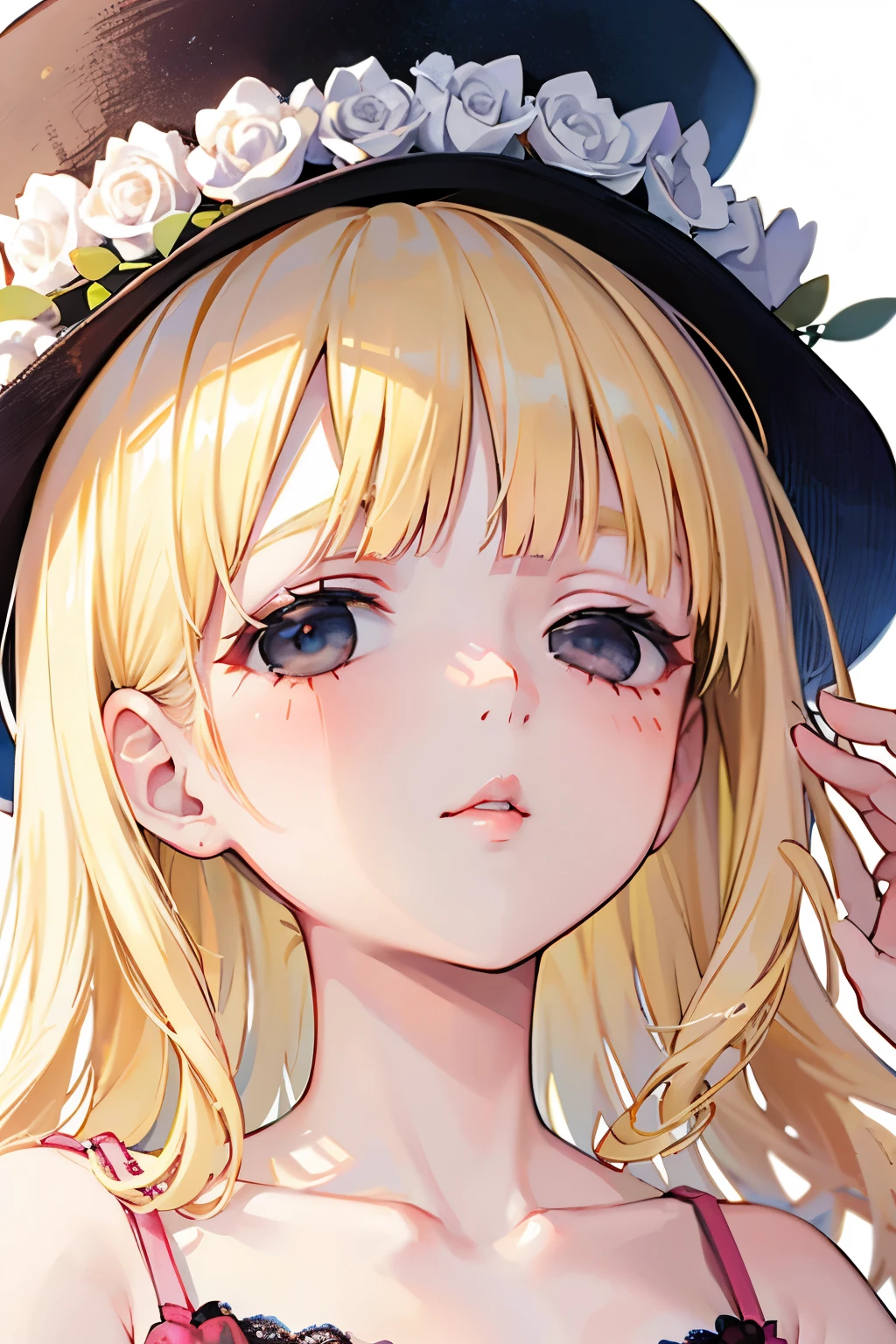 beautiful cute girl,((blonde hair:1.2)),(Medium wave hair:1.1),(close one eye:1.2),(PRİNCESS:1.1),(camisole:1.25),(White cap:1.25),((lace:1.2)),kiss Face,(Chapel:1.25),close-up Face,Looking up
