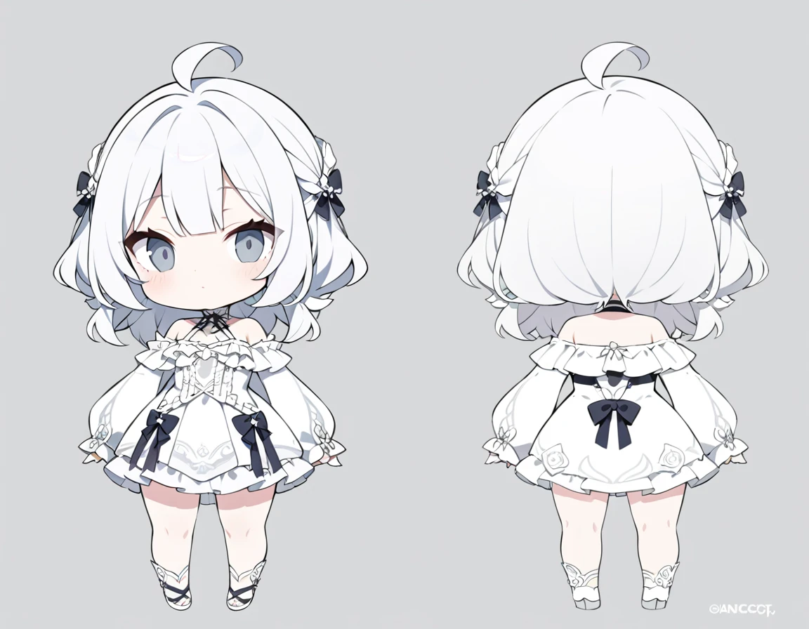 ultra-detailed, grey background, simple background, chibi, arms at sides, upright, concept art, solo, cowboy shot, full body, looking at viewer, Cute , Long white hair, Silver eye, Bare shoulder ,White clothes, whole body