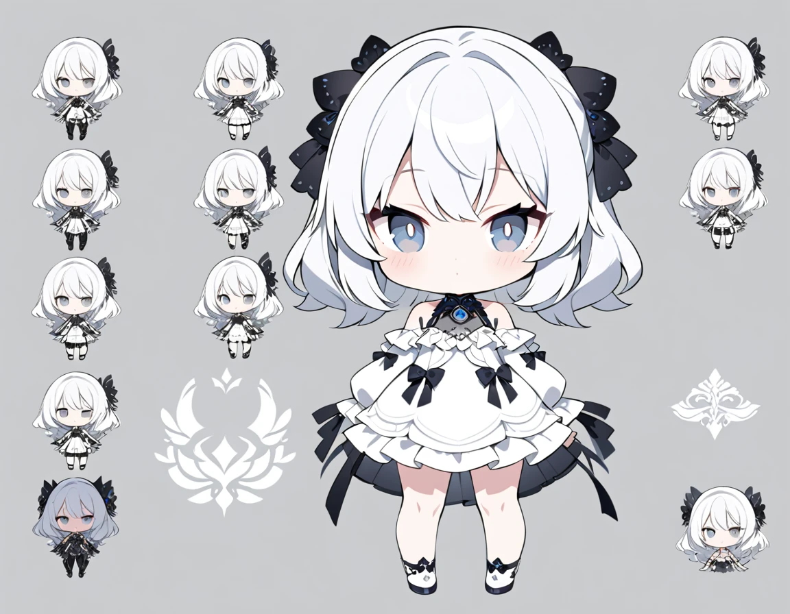 ultra-detailed, grey background, simple background, chibi, arms at sides, upright, concept art, solo, cowboy shot, full body, looking at viewer, Cute , Long white hair, Silver eye, Bare shoulder Lolita,White clothes, whole body