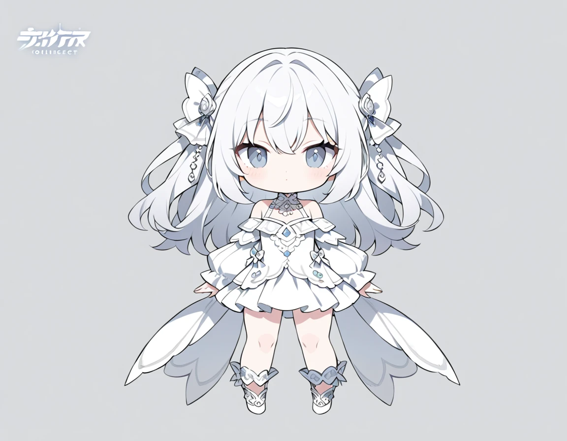 ultra-detailed, grey background, simple background, chibi, arms at sides, upright, concept art, solo, cowboy shot, full body, looking at viewer, Cute , Long white hair, Silver eye, Bare shoulder ta,White clothes, whole body