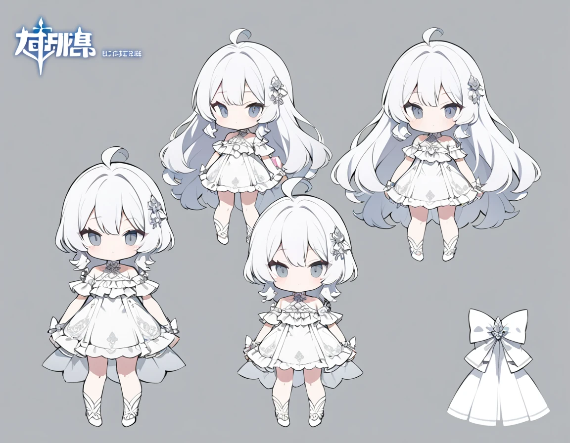 ultra-detailed, grey background, simple background, chibi, arms at sides, upright, concept art, solo, cowboy shot, full body, looking at viewer, Cute , Long white hair, Silver eye, Bare shoulder ta,White clothes, whole body