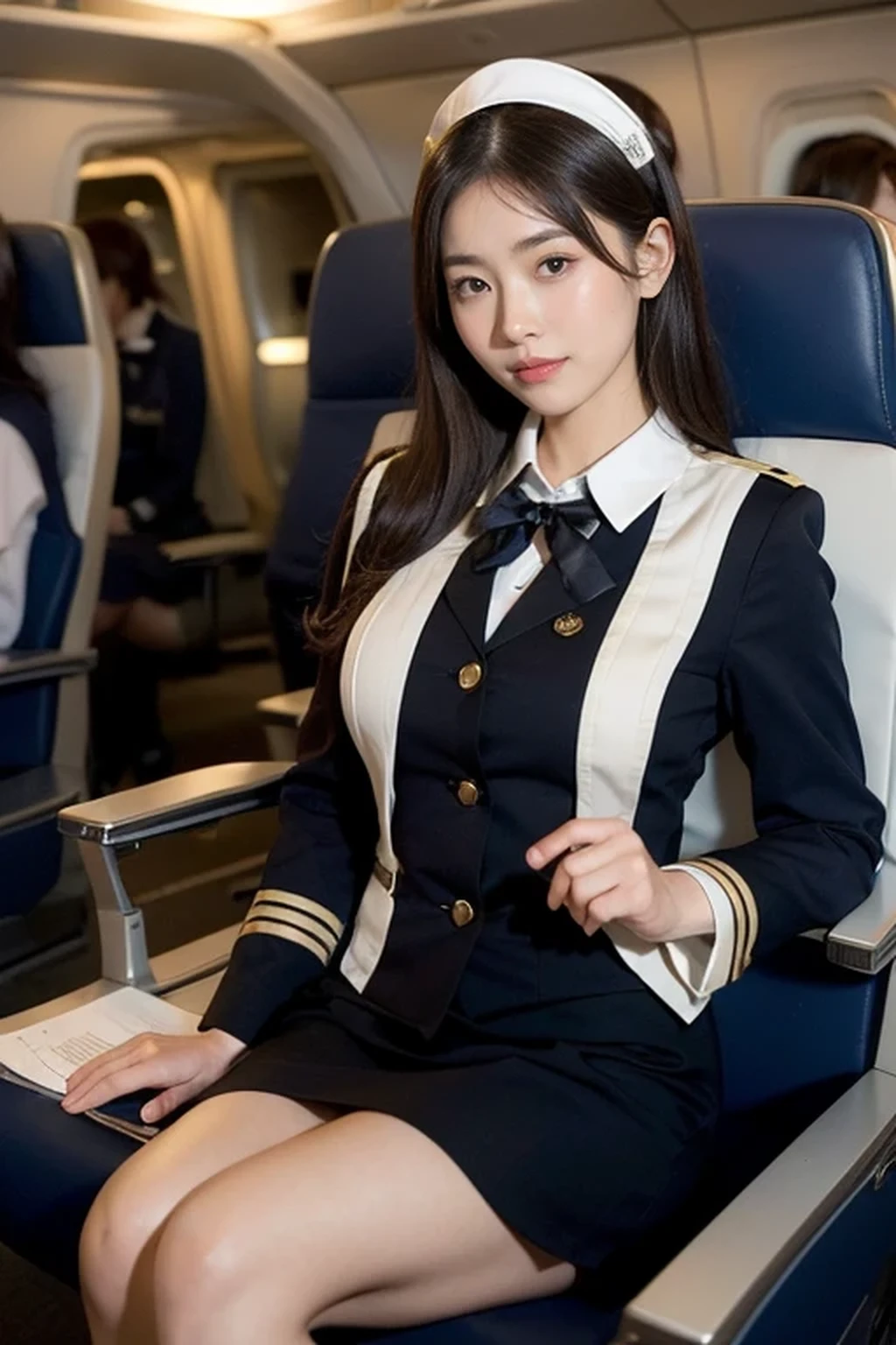 (8k, best quality, masterpiece), (((stewardess, flight attendant uniform))), (Japanese beautiful woman, glamorous body ), inside an airplane