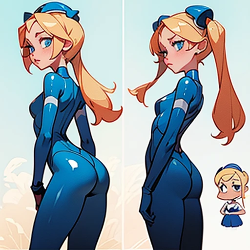 Slim woman with pronounced hips, With blonde hair and two long pigtails to the sides and a blue headband, small coral lips, big blue eyes dressed in erotic blue latex suit With and white stockings , in various views (front and back) ((Character sheet))