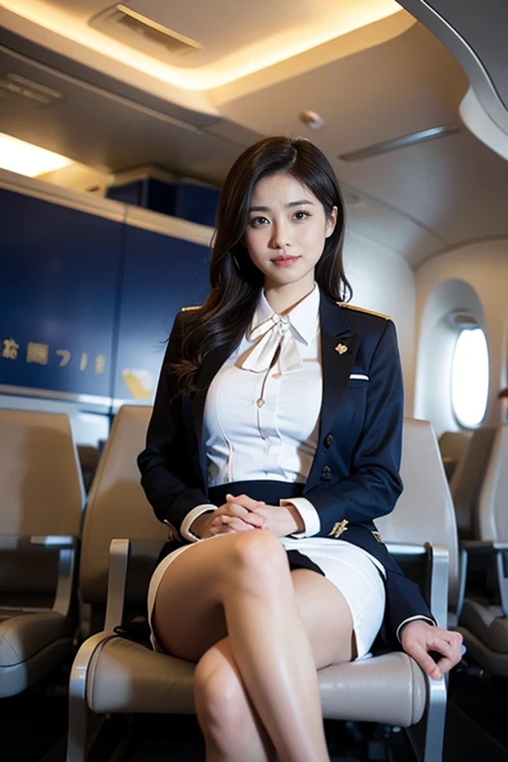 (8k, best quality, masterpiece), (((stewardess, flight attendant uniform))), (Japanese beautiful woman, glamorous body ), inside an airplane