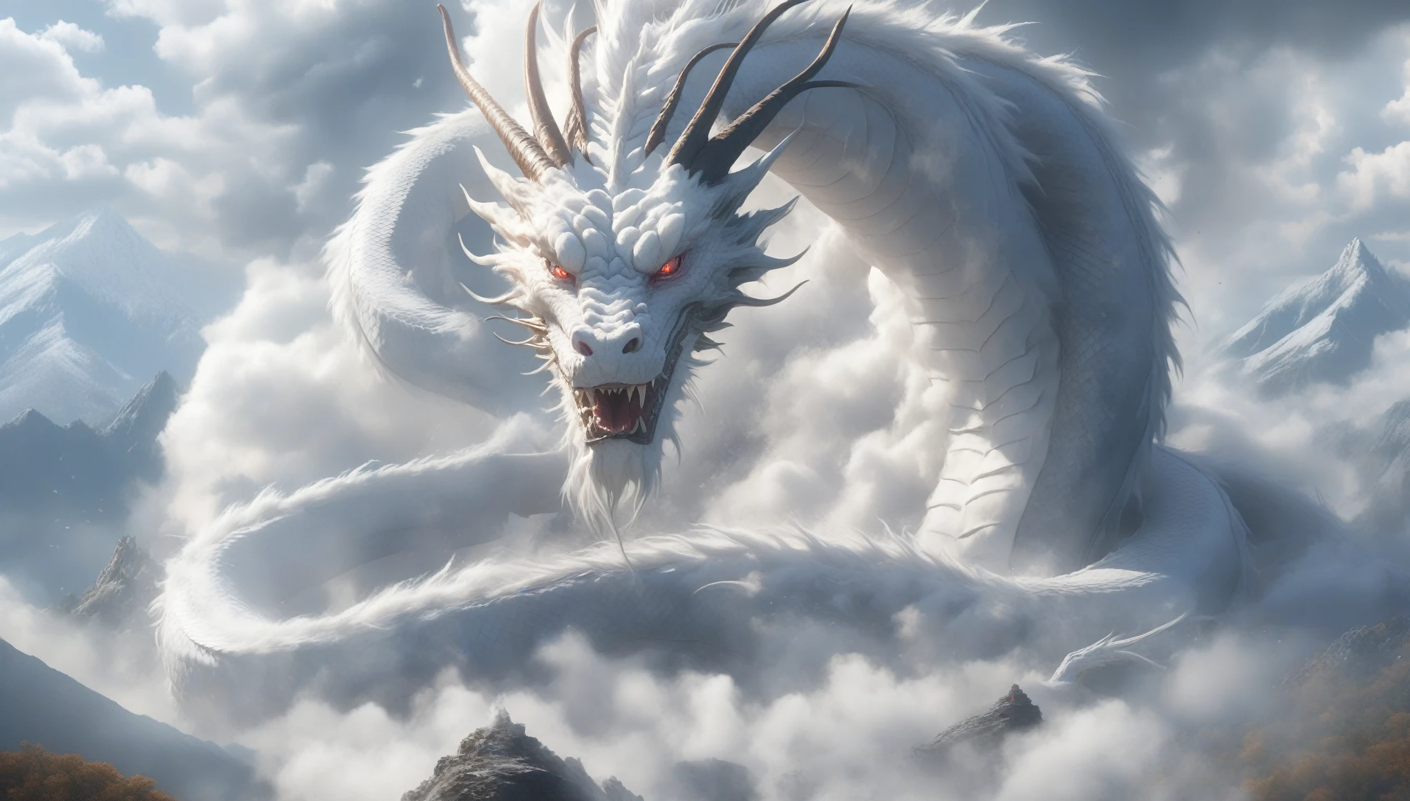 Hyperrealistic art BJ_Sacred_beast, red_eyes, outdoors, horns, sky, teeth, day, cloud, no_humans, cloudy_sky, scenery, smoke, mountain, dragon,
cinematic lighting,strong contrast,high level of detail,Best quality,masterpiece,. Extremely high-resolution details, photographic, realism pushed to extreme, fine texture, incredibly lifelike