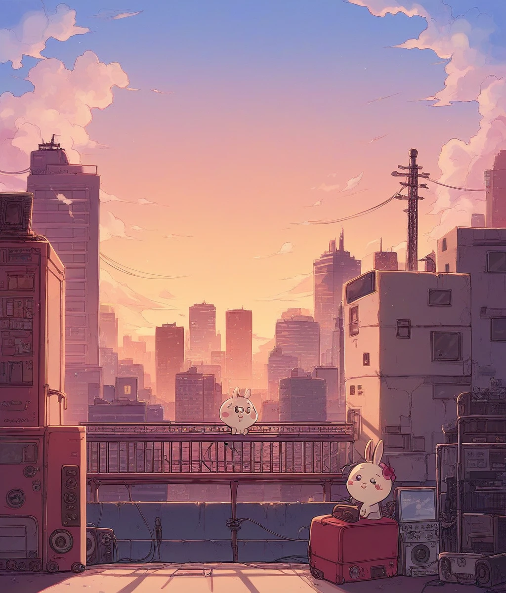 Fraction_9,Fraction_8_Direction_7_up,src_Japanese cartoons,1 Girl,Solitary,rabbit,Red Cliff,No humans,hairy,:3,Light brown,Blush Stickers,Lovely,Cartoon,musician,Drawing of a piano player in front of a city skyline,Artistic illustration, great composition, Sunset in the city