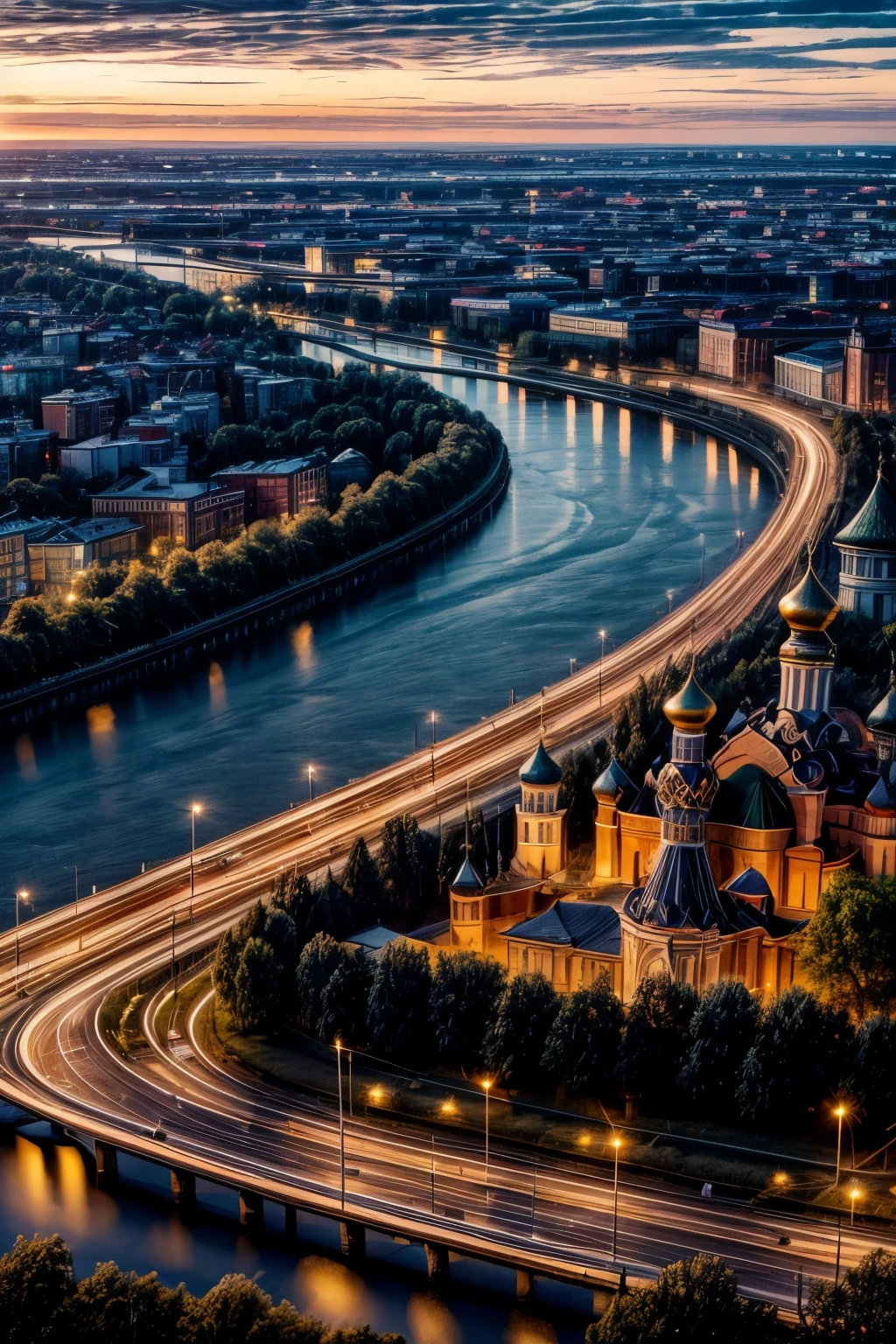 In the heart of Bryansk, Russia, a stunning landscape unfolds before your eyes. The image captures a breathtaking panorama of the city, its architectural wonders and serene riverside, bathed in the soft glow of twilight. The picture is an awe-inspiring masterpiece, showcasing every intricate detail in ultra-high resolution (UHD, 8K wallpaper), from the delicate texturing of the buildings' facades to the gentle ripples on the water's surface. The scene is dramatic and cinematic, with the sky casting long shadows and a subtle golden light that accentuates the beauty of the landscape. This stunning view of Bryansk is