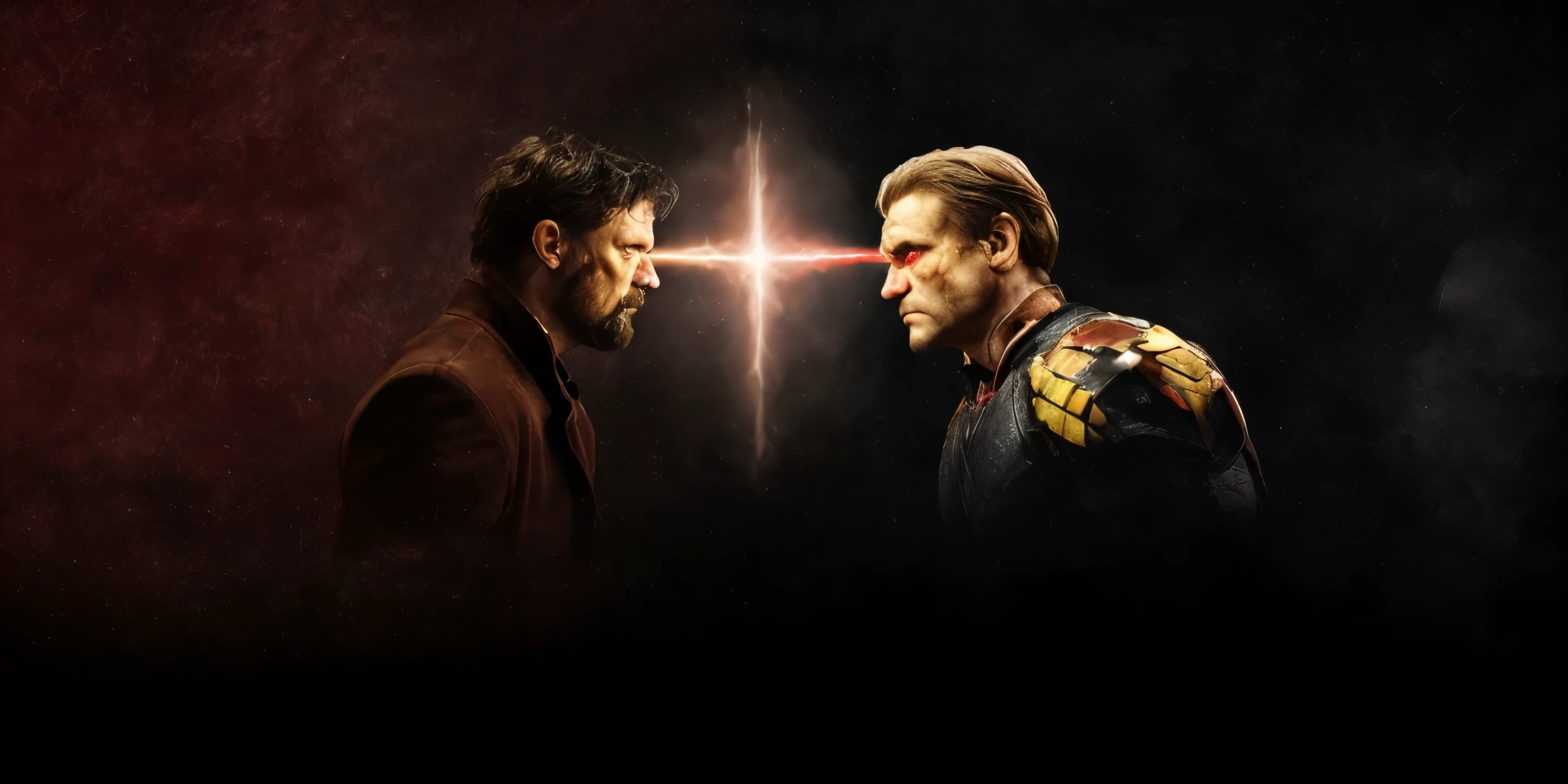 "Create an intense and dramatic image of Homelander and Butcher from *The Boys* facing each other in a heated confrontation. Homelander should be depicted with his signature smug confidence, glowing eyes, and patriotic suit, while Butcher should be shown with his determined and defiant expression, clad in his rugged outfit. The background should be dark and moody, enhancing the tension of their standoff."