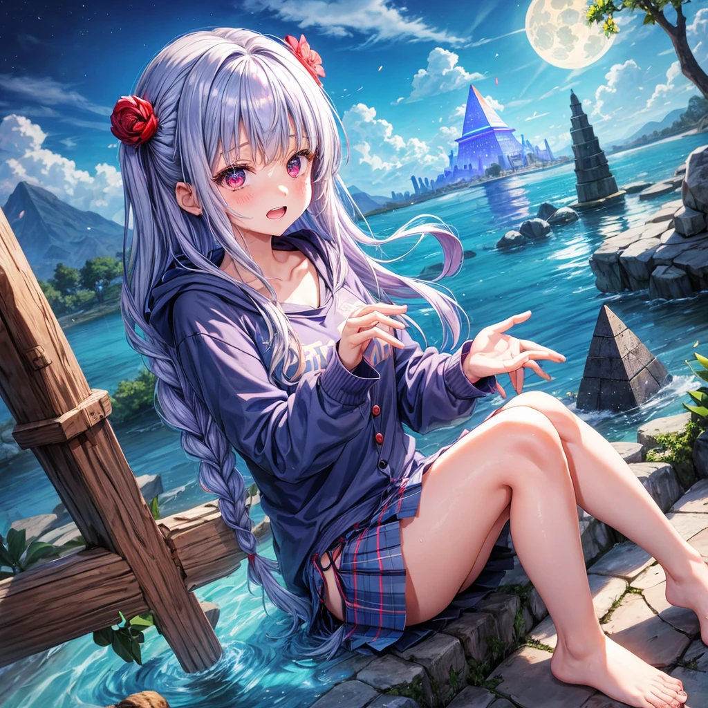 Blue-light purple hair、Red eyes、Braid、One cute girl、solo、And soul、Light clothing、Checked mini skirt、petal、Wet hair、Sitting on a stump、black t-shirts、Rabbit Hoodie、Has a button、large tree、cloud、Red full moon、desert、barefoot、Stones are piled up、Teeth are visible、Secret Treasure、Wooden chair、Fortress City、water is gushing out、Tilting face、Hands together、pyramid、tunnel