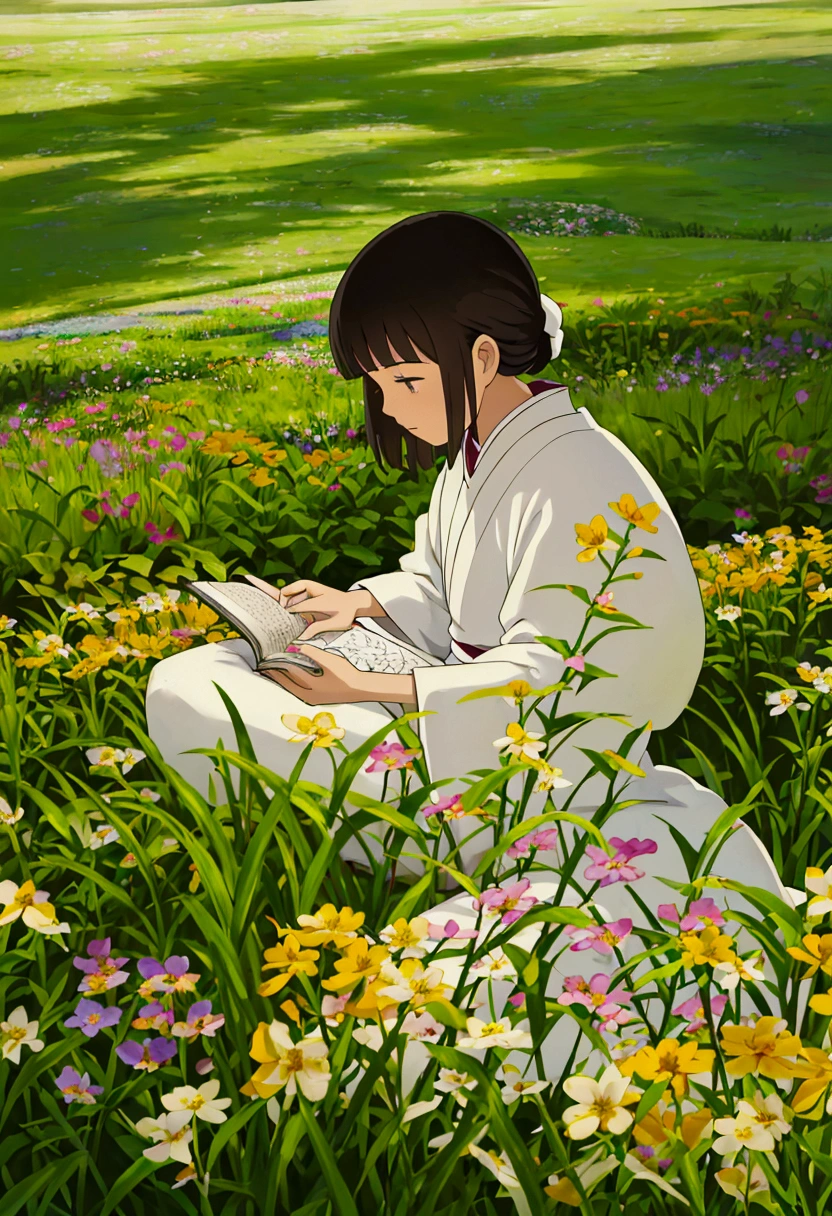 arafed woman sitting in a field of flowers reading a book, white hanfu, palace ， a girl in hanfu, girl sitting in a flower field, by Yang J, sitting in a field of flowers, in a field of flowers, in a cottagecore flower garden, hanfu, in a field with flowers, girl in flowers