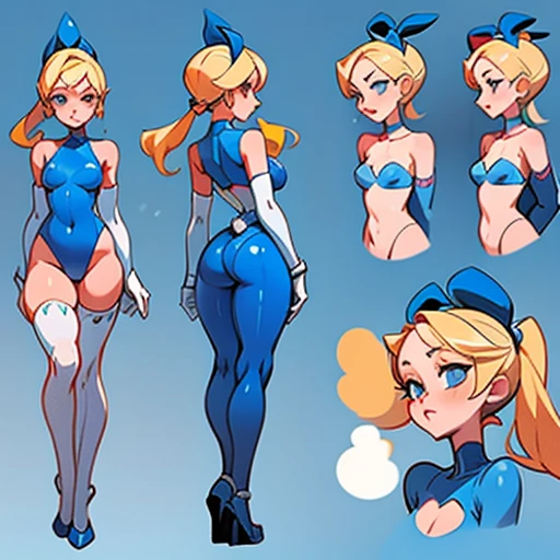 Slim woman with pronounced hips, With blonde hair and two long pigtails to the sides and a blue headband,  small coral lips, big blue eyes dressed in erotic blue latex bunny suit With and white stockings  , in various views (front and back) (full body) ((Character sheet)) 