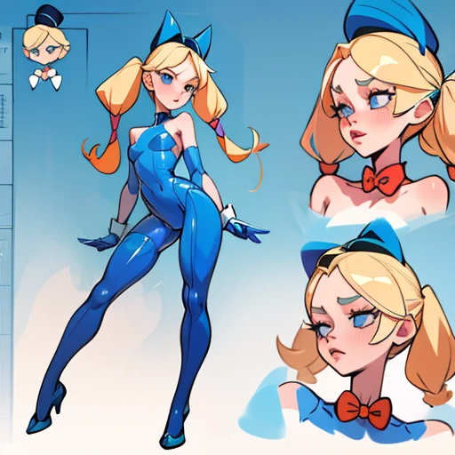 Slim woman with pronounced hips, With blonde hair and two long pigtails to the sides and a blue headband, small coral lips, big blue eyes dressed in erotic blue latex bunny suit With and white stockings , in various views (front and back) (full body) ((Character sheet))
