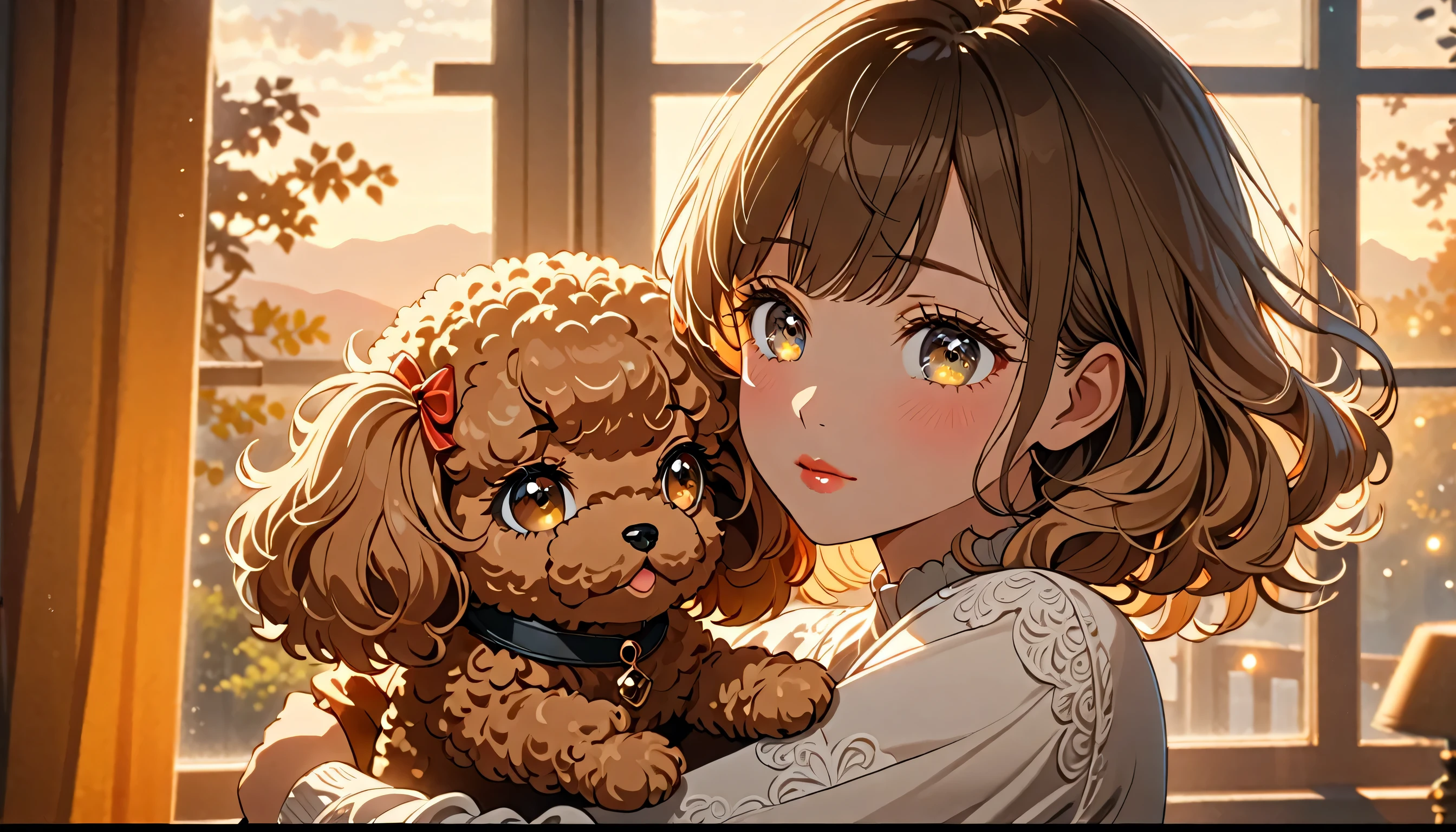 a girl hugging a toy poodle, warm light from the window, detailed eyes, beautiful detailed lips, extremely detailed face, long eyelashes, animetic, highly detailed, 8k, best quality, masterpiece, natural lighting, warm colors, soft lighting, elegant, serene, peaceful, detailed background, cinematic composition