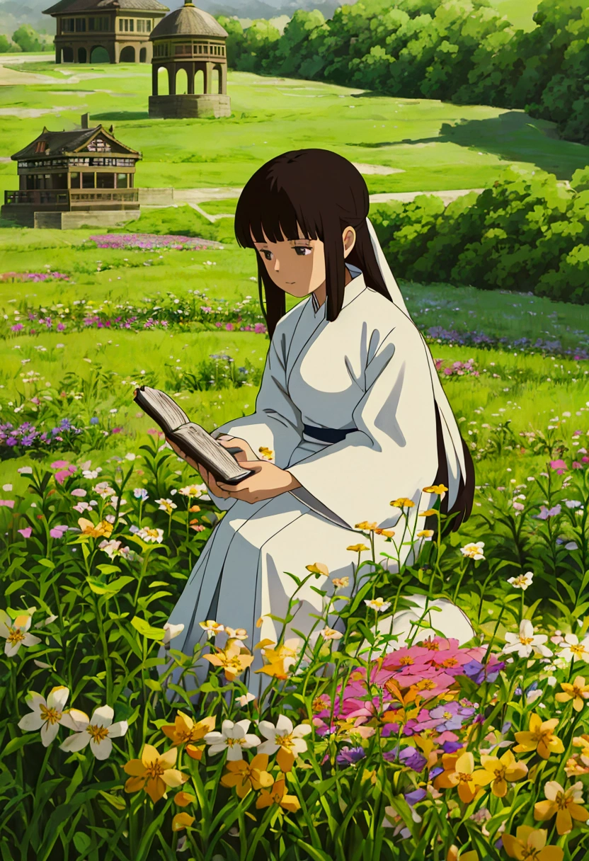 arafed woman sitting in a field of flowers reading a book, white hanfu, palace , a girl in hanfu, girl sitting in a flower field, by Yang J, sitting in a field of flowers, in a field of flowers, in a cottagecore flower garden, hanfu, in a field with flowers, girl in flowers
