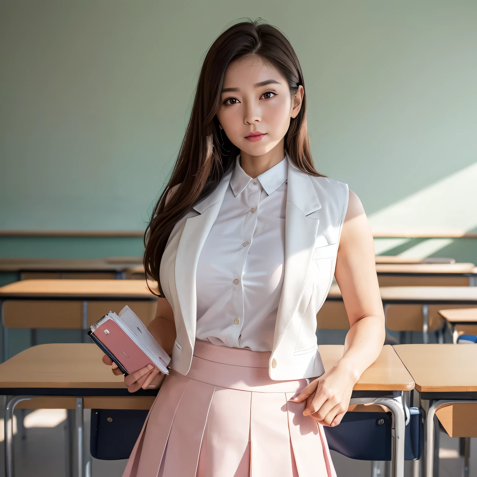 High resolution, High-level image quality, High definition, masterpiece, 8k, Anatomically correct, Professional Lighting, sharp, White Photo, ((Japanese Mature, 90 years old, Beautiful female teacher)), One person, (Facial wrinkles), Sagging cheeks, Dull facial skin, Shapely breasts, Volumizing straight long light brown hair parted to the right, Chubby body type, ((School classroom, Standing upright, holding the attendance book and looking at the viewer)), ((White summer blazer, A light pink sleeveless summer buttoned shirt tucked into a skirt, White long flared skirt for summer))), A composition that shows what's under a skirt from the feet up