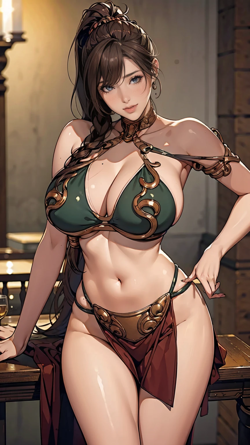 (highest quality, masterpiece:), ultra-high resolution, night, in the pub, Korean gravure model, 23 years old, tight, wearing a slave outfit, high leg, gigantic breasts, puffy nipple:1.4, skinny, bangs, long hair, light brown hair, ponytail, messy hair, unkempt hair, earrings, beauty, victory smile, mature woman, please face forward and look at the camera,