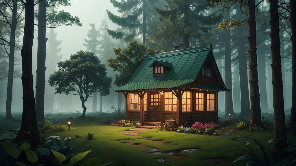 a small shop with lights in foggy forest surrounded by green trees, plants, flowers, wet grass land , detailed, best quality, masterpiece, 8k scene.