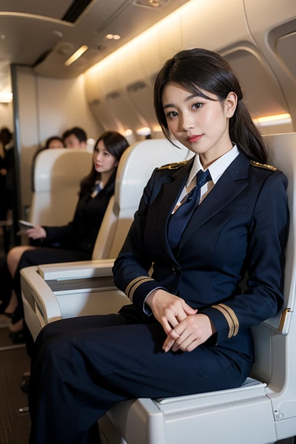 (8k, best quality, masterpiece), (((stewardess, flight attendant uniform))), (Japanese beautiful woman, glamorous body ), inside an airplane