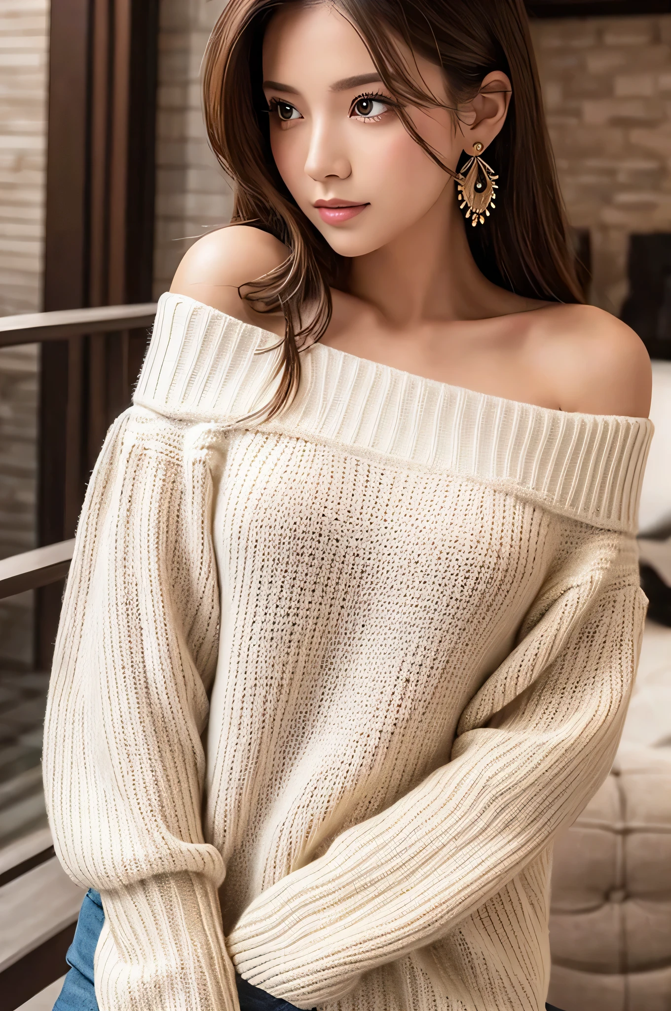 ((Highest quality)), ((masterpiece)), (detailed), One girl, Off-the-shoulder sweater,