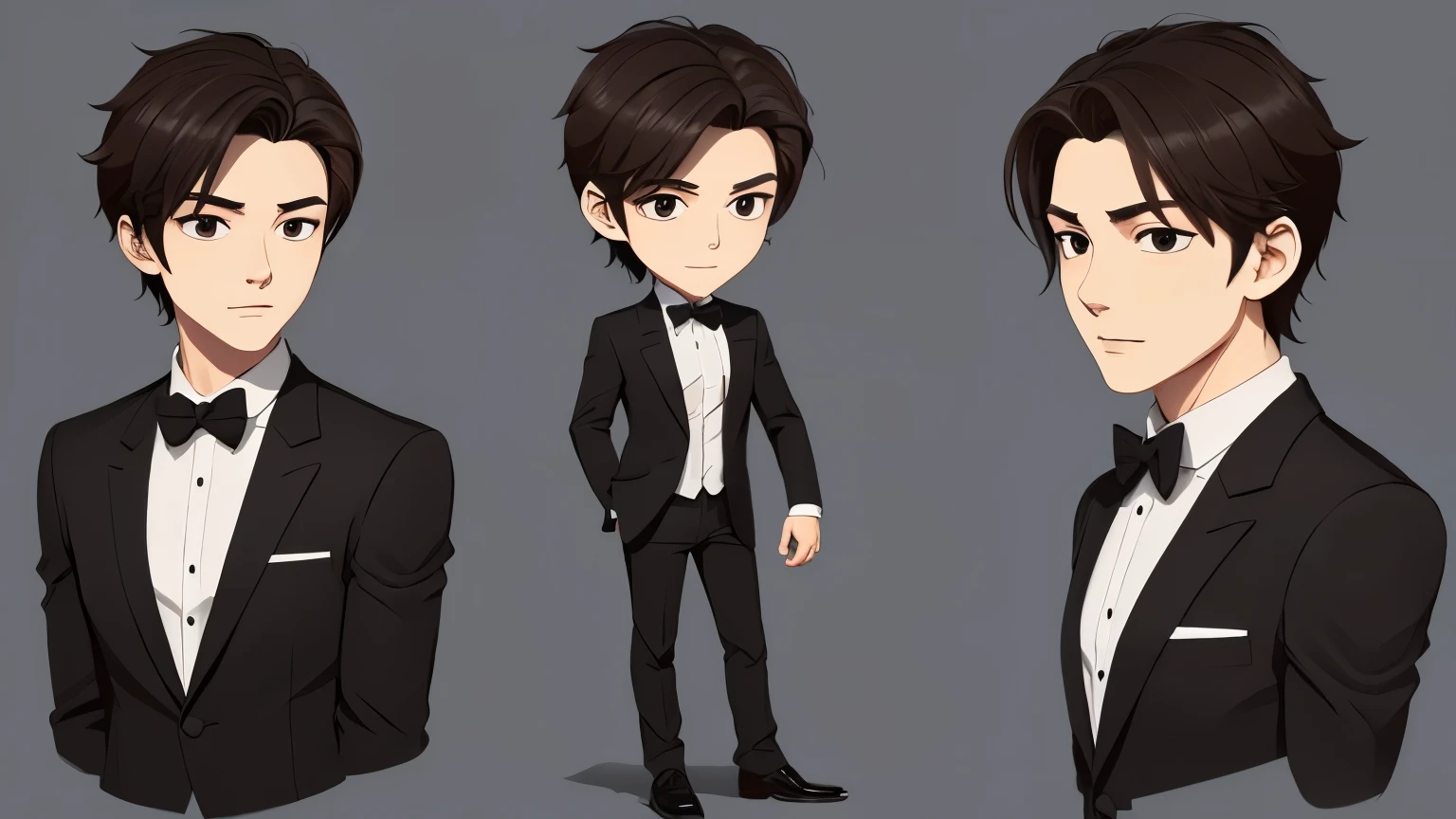 A male character in his 20s who looks good in a suit, [chibi style with a big head and small body]. He has an adorable face with expressive eyes and is placed against a simple background.
