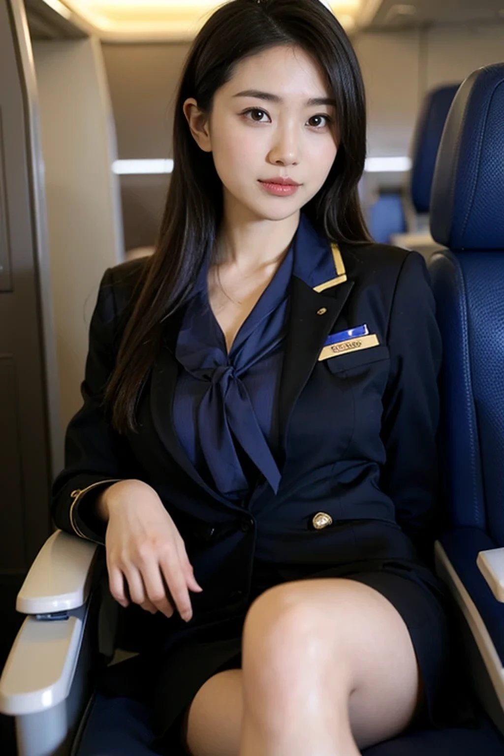 (8k, best quality, masterpiece), (((stewardess, flight attendant uniform))), (Japanese beautiful woman, glamorous body ), inside an airplane