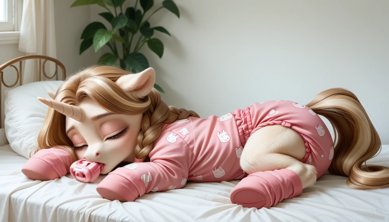 pony, light caramel unicorn, adult mare, sleeps in an adult-sized crib, closed eyes, lush mane braided, bushy tail, dressed in hot pink pajamas and pink booties, pink pacifier in mouth, solo, thick light pink diaper under clothes.