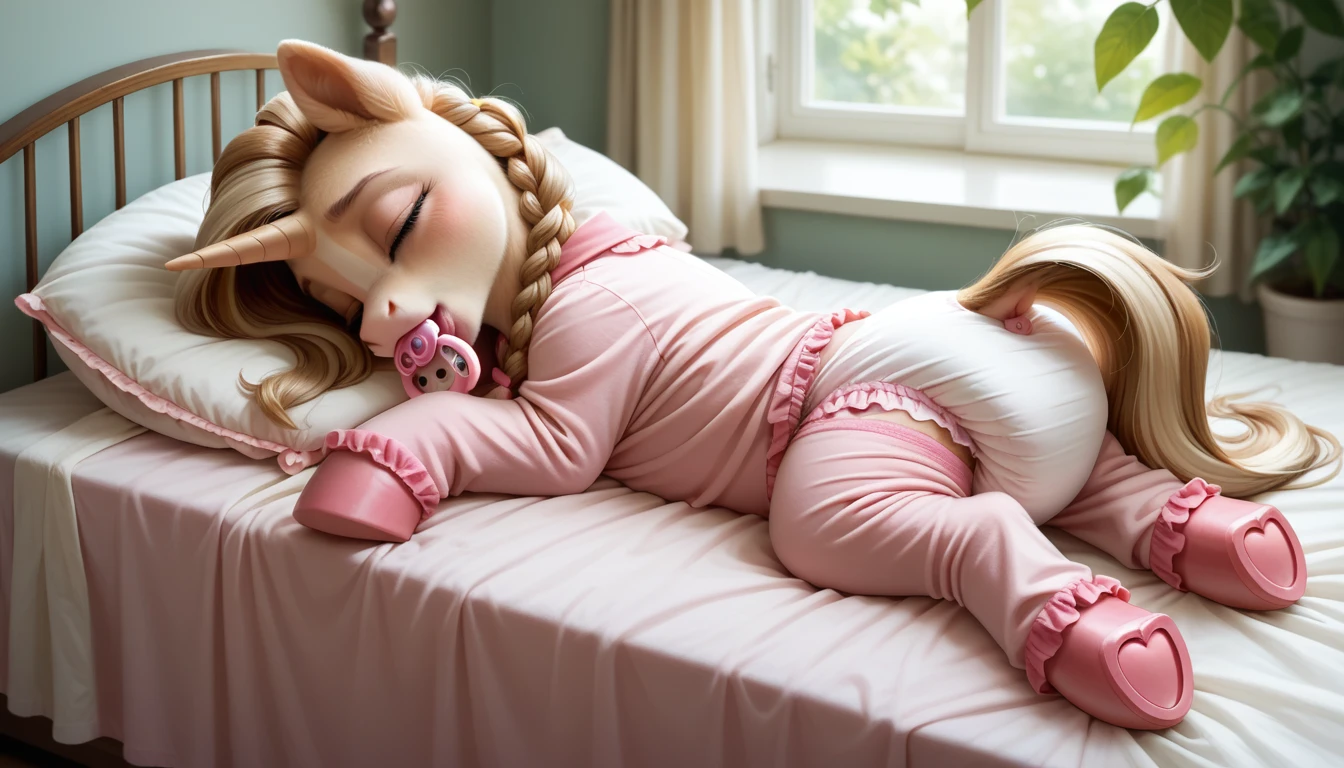 pony, light caramel unicorn, adult mare, sleeps in an adult-sized crib, closed eyes, lush mane braided, bushy tail, dressed in hot pink pajamas and pink booties, pink pacifier in mouth, solo, thick light pink diaper under clothes.