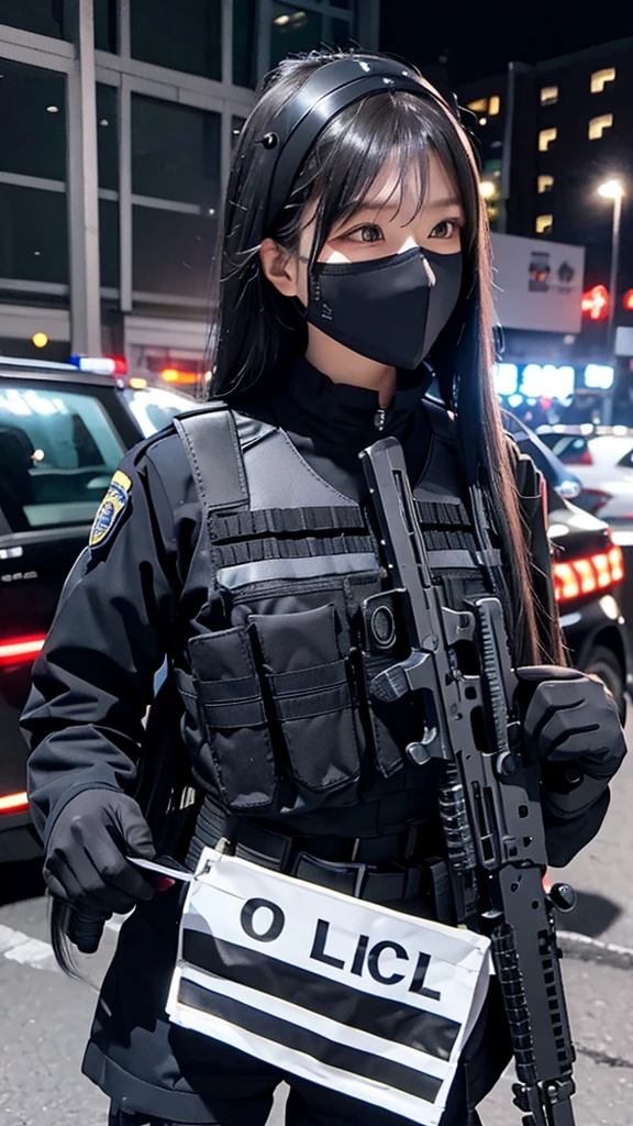 Police soldier woman, swat vest, black gloves, swat helmet head, behind long hair, ninja full mask, grip assault ak74,