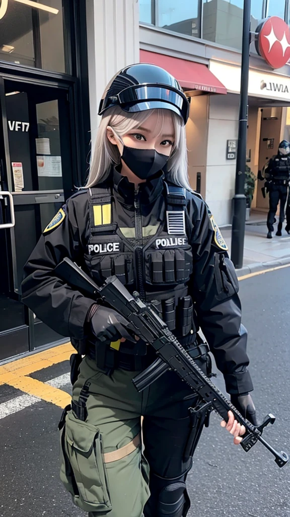 Police soldier woman, swat vest, black gloves, swat helmet head, behind long hair, ninja full mask, grip assault ak74,