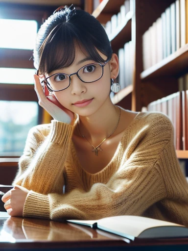   (8k, RAW photo, best quality, masterpiece), (photo realistic), outstanding details, ultra-high resolution, anatomically correct, textured skin, 

A cute 30-year-old Japanese woman, librarian arranging books in the library, 

(fearless smile:0.5),  
(Downturned Eyes:1.4), pupils sparkling,  thin lips, thin eyebrows, 
(half rim glasses), 
(lower chignon:1.4), short hair, dark brown hair, Forehead, 
off-white simple summer sweater, simple cotton flared skirt, 
Earrings, Necklace, 

(background Spacious library interior, bookshelves), 
(backlighting), 
reflection light from below, 
atmospheric perspective, depth of field, 
(dramatic lighting), cinematic lighting, 