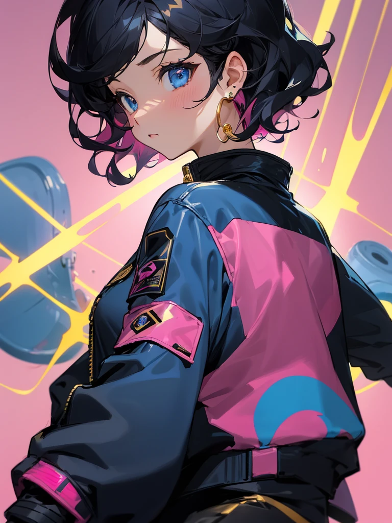 1female, black short wavy hair, blue eyes, gold earring, looking back, expressionless, dark blue bomber jacket with pink designs, pink foggy background