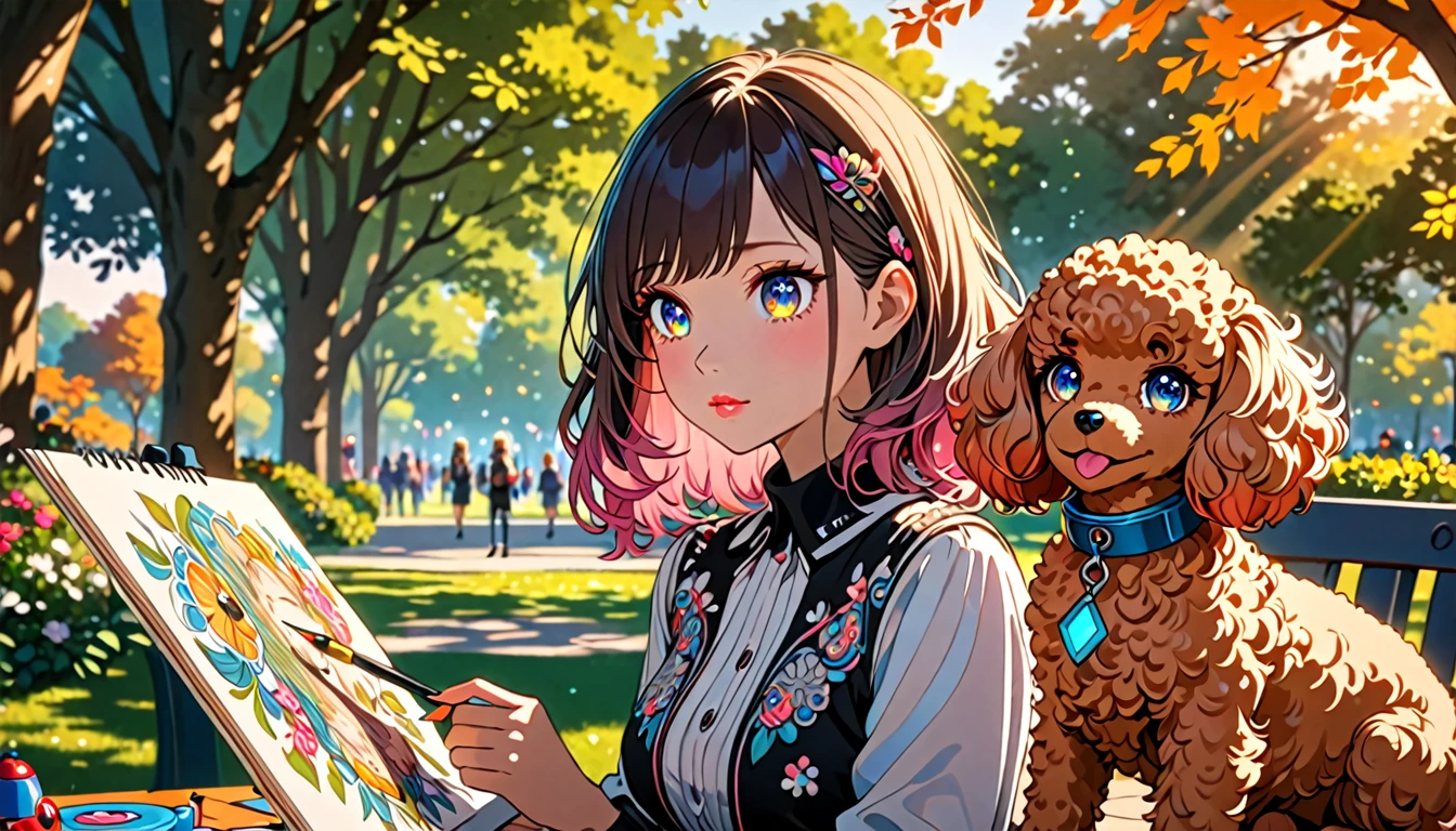 a girl sketching in the park, (a toy poodle sitting beside her:1.2), intricate details, detailed facial features, beautiful detailed eyes, beautiful detailed lips, extremely detailed face, longeyelashes, highly detailed,animetic, 8k, masterpiece, vibrant colors, warm lighting
